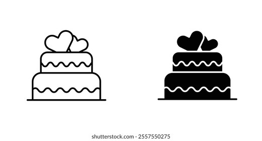 Wedding cake outlined and solid icon vector collection.