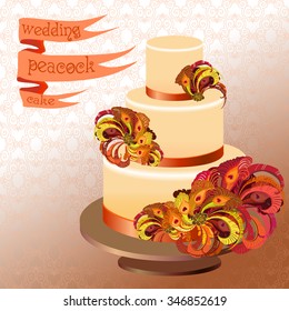 Wedding cake with peacock feathers. Orange, burgundy, brown and red design. Beautiful wedding dessert. Ribbon with text. Vector illustration.