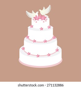 Wedding cake with pink flowers and two pigeons vector on brown background, wedding invitation .