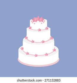 Wedding cake with pink flowers vector on blue background, wedding invitation .