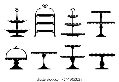 Wedding cake platter, stand tray silhouettes. Isolated vector elegant black tables set for displaying fruits or desserts during festive events and ceremonies. Monochrome serving items for food display