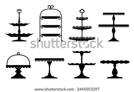 Wedding cake platter, stand tray silhouettes. Isolated vector elegant black tables set for displaying fruits or desserts during festive events and ceremonies. Monochrome serving items for food display