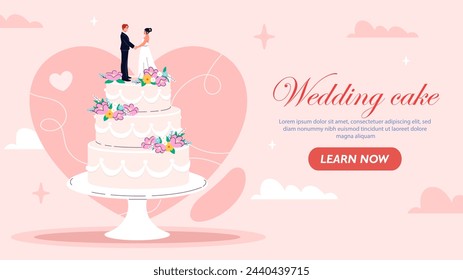 Wedding cake poster. Man in suit and woman in white dress at cae. Dessert and delicacy. Love and romance. Husband and wife. Landing webpage design. Cartoon flat vector illustration
