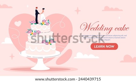 Wedding cake poster. Man in suit and woman in white dress at cae. Dessert and delicacy. Love and romance. Husband and wife. Landing webpage design. Cartoon flat vector illustration