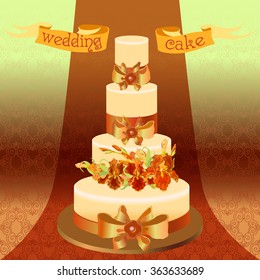 Wedding cake with red, orange, yellow, iris flowers. Beautiful wedding dessert. Wedding red iris bouquet hand drawn vector illustration. Red green damask background. Wedding vector illustration.