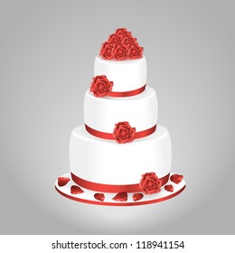 Wedding cake with red roses isolated on a gray background