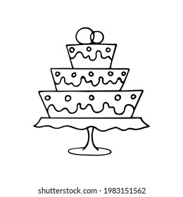 Wedding cake with rings. Hand-drawn doodle outline vector illustration.