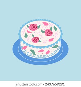 Wedding cake with roses on a plate. Vector flat illustration with holiday floral cake for birthday party, celebration, valentine's day
