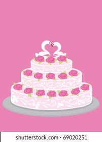 	Wedding cake with roses and pair of in love swans.