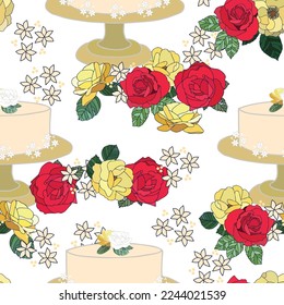 Wedding cake and roses vector seamless pattern, perfect for festive fabric, gift wrap, card design, decoration etc.