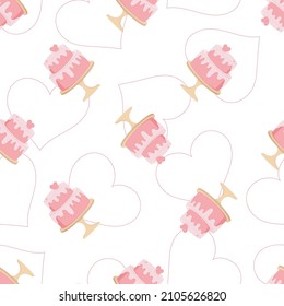 Wedding cake seamless pattern. Feative cakes in pastel colors decorated with hearts, birthday confectionery Modern vector decor textile, wrapping paper, wallpaper. Texture print fabric Valentine's day