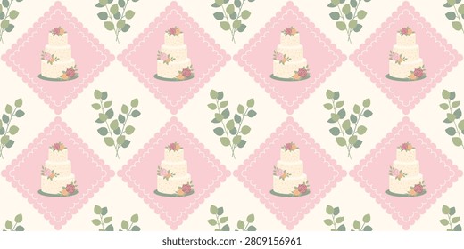 Wedding Cake Seamless Pattern. Floral Diamond Frame With Roses And Leaves For Bridal Textile Design