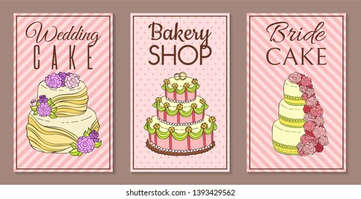 Wedding cake set of banners vector illustration. Chocolate and fruity desserts for sweet shop with fresh and tasty cupcakes, cakes, pudding, biscuits, whipped cream, glaze and sprinkles.