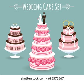 Wedding cake set on blue background. Delicious bridal dessert with married couple and swans, gold rings and ribbon vector illustration