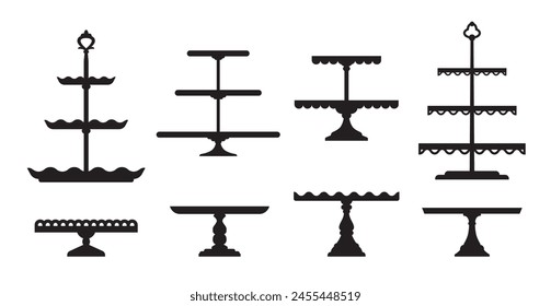 Soportes para pasteles de Boda y bandejas de platos o platos de postre y niveles de mesa, íconos de silueta de Vector. Boda de pastel de servir stand o placas de pastelería para la comida del restaurante, pasteles de panadería podio o bandeja de nivel