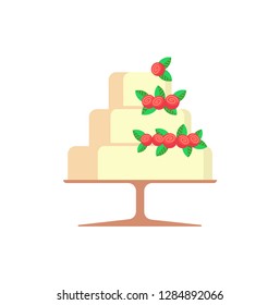 Wedding cake with strawberries and leaves vector. Berries delicious sweets isolated icon, pastry with glazed layers, topping made of sugar sugary food