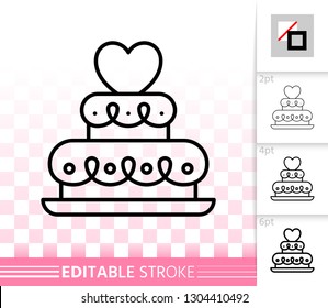 Wedding cake thin line icon. Outline web sign of sweet dessert. Linear pictogram with different stroke width. Simple vector symbol, transparent background. Party food editable stroke icon without fill
