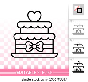 Wedding Cake thin line icon. Love party banner, flat style. Dessert poster. Linear pictogram. Simple illustration, outline symbol. Transparent vector sign on white. Editable stroke icons without fill