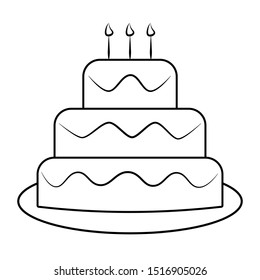 Wedding cake with three floors and lit candles vector illustration in black and white. Icon for websites and mobile applications.