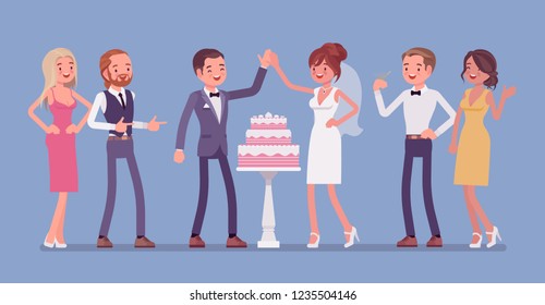 Wedding cake in three tiers, served for newlywed at reception. Bride and groom at marriage ceremony for friends and relatives, traditional cutting and eating. Vector flat style cartoon illustration