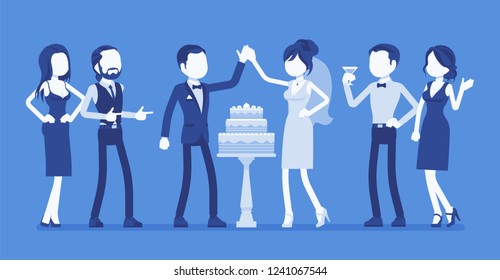 Wedding cake in three tiers, served for newlywed at reception. Bride and groom at marriage ceremony for friends and relatives, traditional cutting and eating. Vector illustration, faceless characters