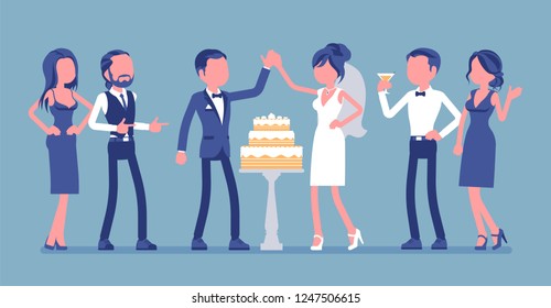 Wedding cake in three tiers, served for newlywed at reception. Bride and groom at marriage ceremony for friends and relatives, traditional cutting and eating. Vector illustration, faceless characters