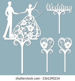 Wedding cake topper for laser or milling cut. Vector graphics. Patterns for cutting. Dance, flowers, dress