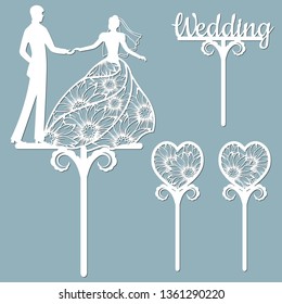 Wedding cake topper for laser or milling cut. Vector graphics. Patterns for cutting. Dance, flowers, dress