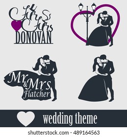 Wedding cake topper vector set. Wedding couple isolated silhouette. Mr. and Mrs. Lettering. Groom and bride together.