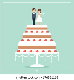 Wedding cake with toppers bride and groom vector illustration/ greeting card