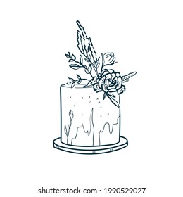 Hochzeitskuchen, trendige Vektorgrafik. Lineare Kunst - Symbol für Hochzeitsbüros, Fotografen, Juristen, Floristen, Konditoreien
