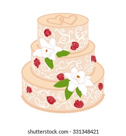 Wedding cake with two crossed hearts on top and cream red roses and white lilies. Element for your wedding designs, business projects, logo, and other your projects