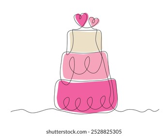 Bolo de casamento com dois corações, recém-casados, contínua uma linha arte desenho à mão esboço, logotipo