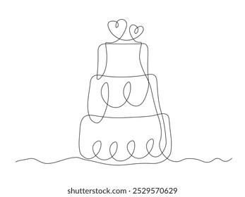 Bolo de casamento com dois corações, recém-casados, contínua uma linha arte desenho à mão esboço, logotipo