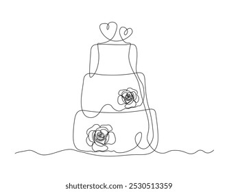 Wedding cake with two hearts and roses, newlyweds, continuous one line art hand drawing sketch, logo