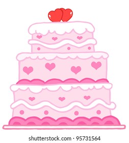 Wedding Cake With Two Red Hearts.Vector Illustration