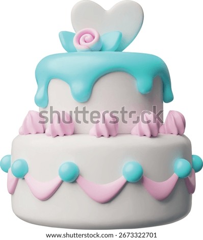 Wedding cake two tier 3D cartoon plastic style vector icon. Realistic celebration pie creamy dessert covered by melting glaze and decorated heart and rose candies. Sweet icing treat. Confectionery