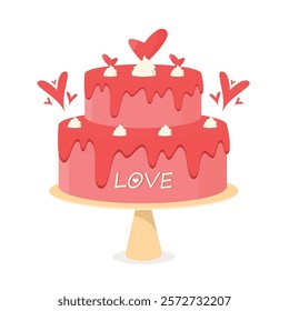 Wedding cake, Valentine's Day cake with hearts on a stand. Romance, love, passion, relationships.