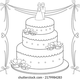 Wedding cake. Vector black and white coloring page