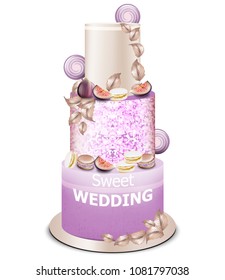 Wedding cake Vector. Delicious dessert with fruits sweet designs