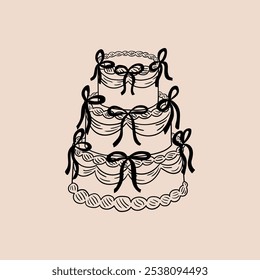 Ilustração do vetor do bolo de casamento com fitas pretas no estilo do esboço vintage. Clipart desenhado à mão para convites de férias e cartões de felicitações. Retro coquette estético