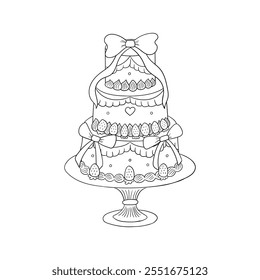 Wedding cake vector illustration with bows and strawberry. Hand drawn doodle clipart for holiday invitations and greeting cards. Retro coquette aesthetic