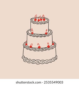 Wedding cake vector illustration with cherries in vintage sketch style. Hand drawn clipart for holiday invitations and greeting cards. Retro coquette aesthetic