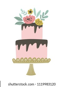 Wedding cake vector illustration with chocolate frosting and floral decoration. Retro vintage wedding or birthday cake for invitations, greeting cards and other.