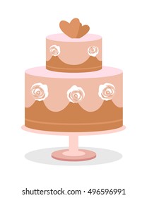 Wedding cake vector illustration. Flat design. Two tier chocolate cake with roses on side and hearts on top. Dessert at wedding ceremony. For greeting, invitation cards design. On white background