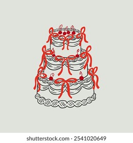 Ilustração do vetor do bolo de casamento com cerejas vermelhas e fitas no estilo de esboço. Clipart desenhado à mão para convites de férias e cartões de felicitações. Retro coquette estético