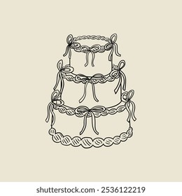 Ilustração de vetor de bolo de casamento com fitas no estilo de esboço vintage. Clipart desenhado à mão para convites de férias e cartões de felicitações. Retro coquette estético