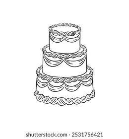 Ilustração de vetor de bolo de casamento em estilo de esboço. Clipart desenhado à mão para convites de férias e cartões de felicitações