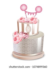 Wedding cake Vector realistic. Anniversary, birthday, ceremony modern desserts. White luxury cake with rose flowers