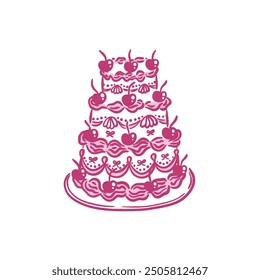 Wedding cake in vintage classic style with cherries. Isolated vector illustration on white background. A holiday dessert in a whimsical hand-drawn style.